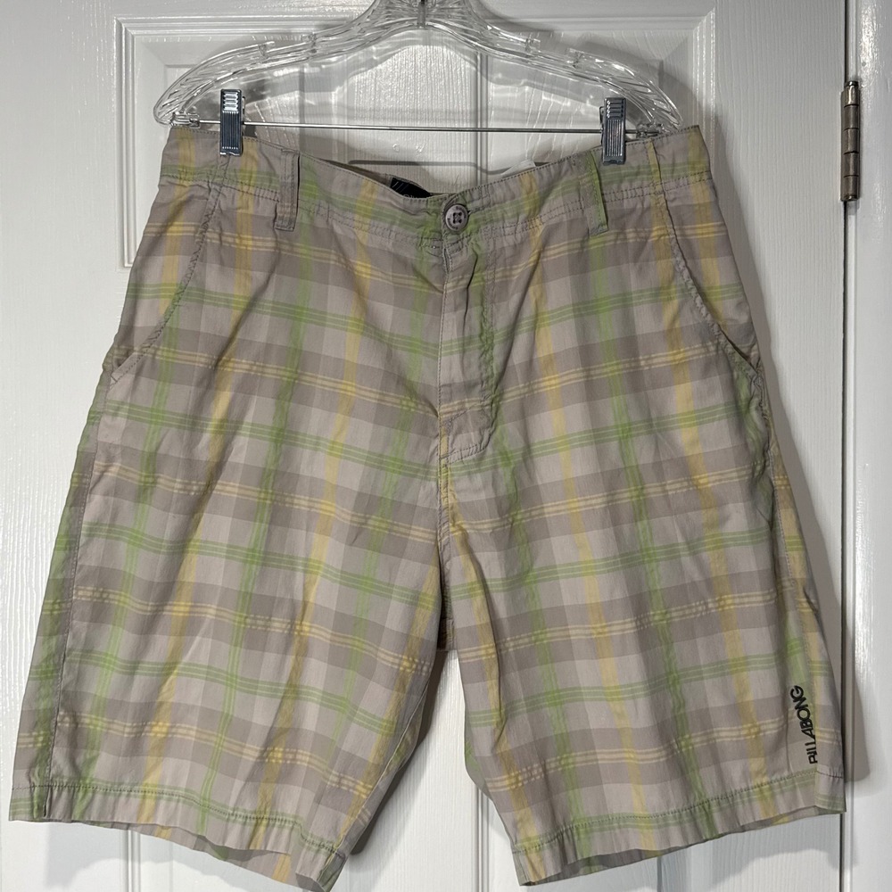 Billabong Mens Plaid Walk Shorts Gray Green Yellow Size 36 Skate Surf